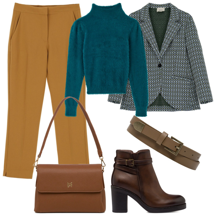 Outfit donna - Basic in ufficio. Stile Basic per Ufficio. Abbinamento con maglieria, blazer, pantaloni, stivaletti, borse a tracolla, cinture.