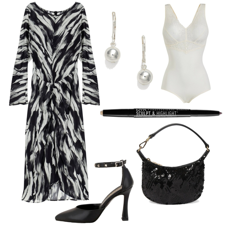 Outfit donna - Serata chic. Stile Chic per Serata fuori. Abbinamento con body, eyeliner, vestiti midi/longuette, décolleté, orecchini, pochette.