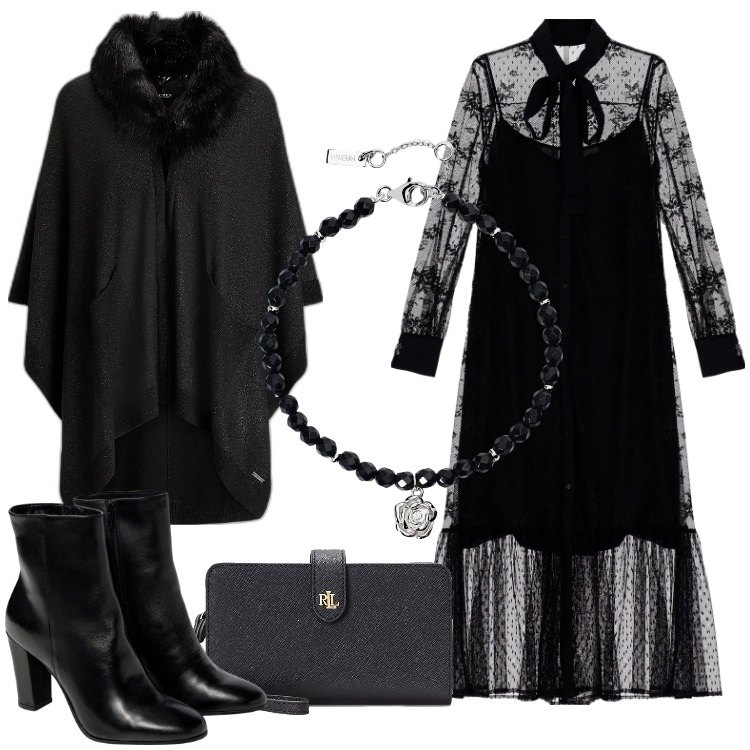Outfit donna - Dark Party Chic. Stile Rock per Serata fuori. Abbinamento con vestiti lunghi, stivaletti, braccialetti, pochette, cappe.