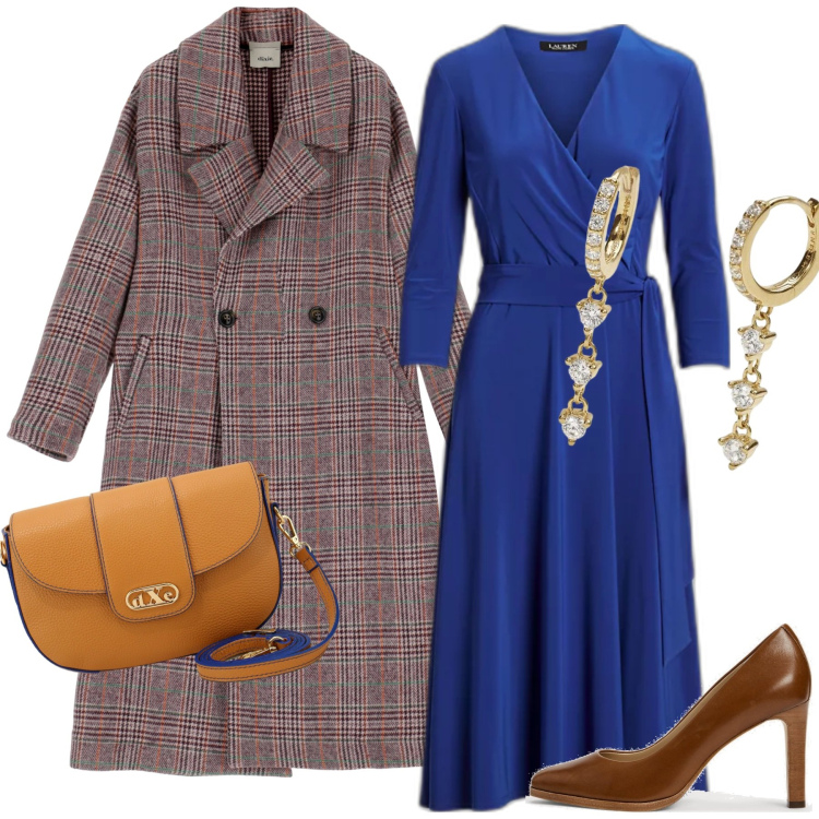 Outfit donna - L\'abito blu. Stile Chic per Tutti i giorni. Abbinamento con orecchini, cappotti, pochette, vestiti, décolleté.