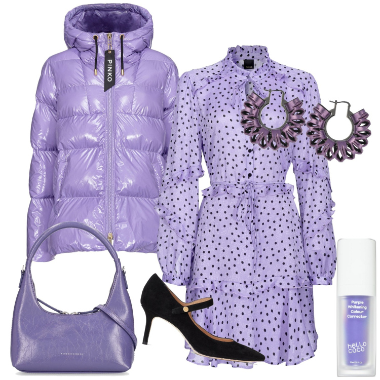 Outfit donna - A pranzo dalla zia. Stile Chic per Tutti i giorni. Abbinamento con correttori, vestiti corti, piumini, décolleté, borse a mano, orecchini.