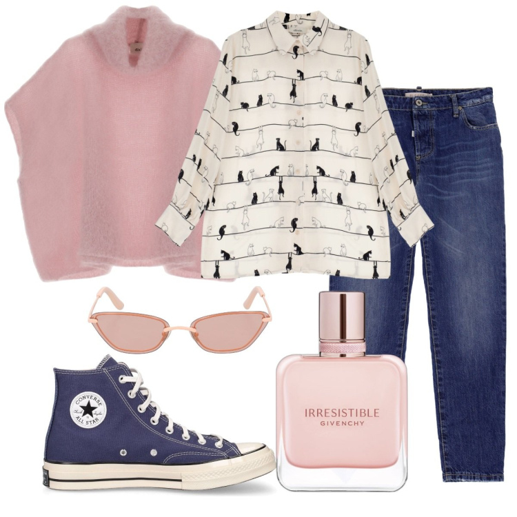 Outfit donna - Un rosa per tutti i giorni. Stile Casual per Tutti i giorni. Abbinamento con profumi, jeans dritti, camicie, cappe, sneakers, occhiali da sole.