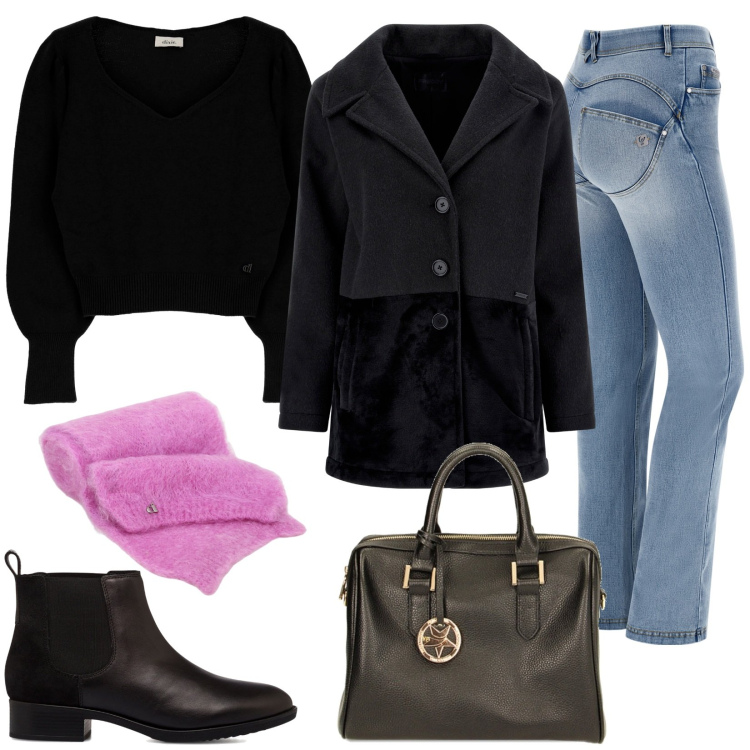 Outfit donna - Ankle boot neri. Stile Basic per Tutti i giorni. Abbinamento con cappotti, jeans skinny, borse a mano, sciarpe, pullovers, stivaletti.