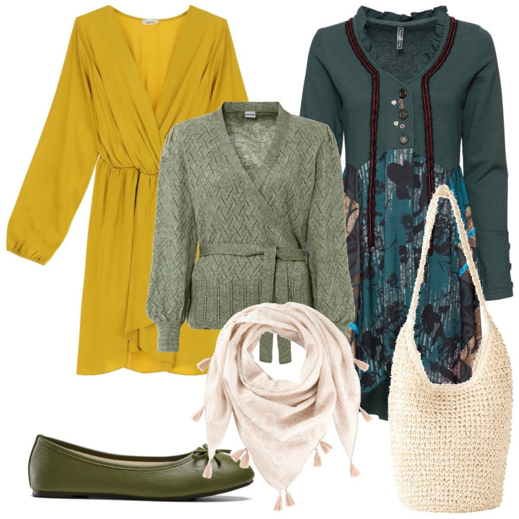 Outfit donna - Primavera in Provenza. Stile Etnico per Tutti i giorni. Abbinamento con maglieria, foulard, ballerine, blazer, shopping bag, vestiti corti.