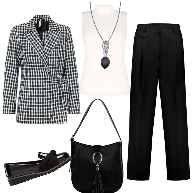 Outfit donna - Bianco e nero per il meeting. Stile Bon Ton per Ufficio. Abbinamento con blazer, mocassini, top, borse a spalla, pantaloni, collane.