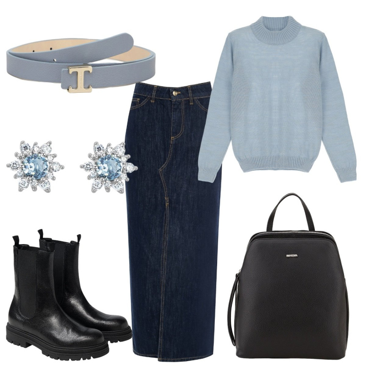 Outfit donna - Back to work. Stile Casual chic per Ufficio. Abbinamento con orecchini, gonne longuette, cinture, maglieria, zaini, stivaletti chelsea.