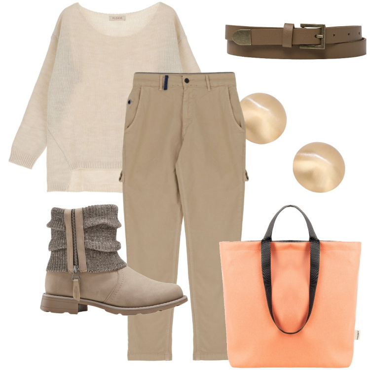Outfit donna - La shopper color pesca. Stile Casual chic per Tutti i giorni. Abbinamento con stivaletti, borse tote, maglieria, pantaloni, orecchini, cinture.