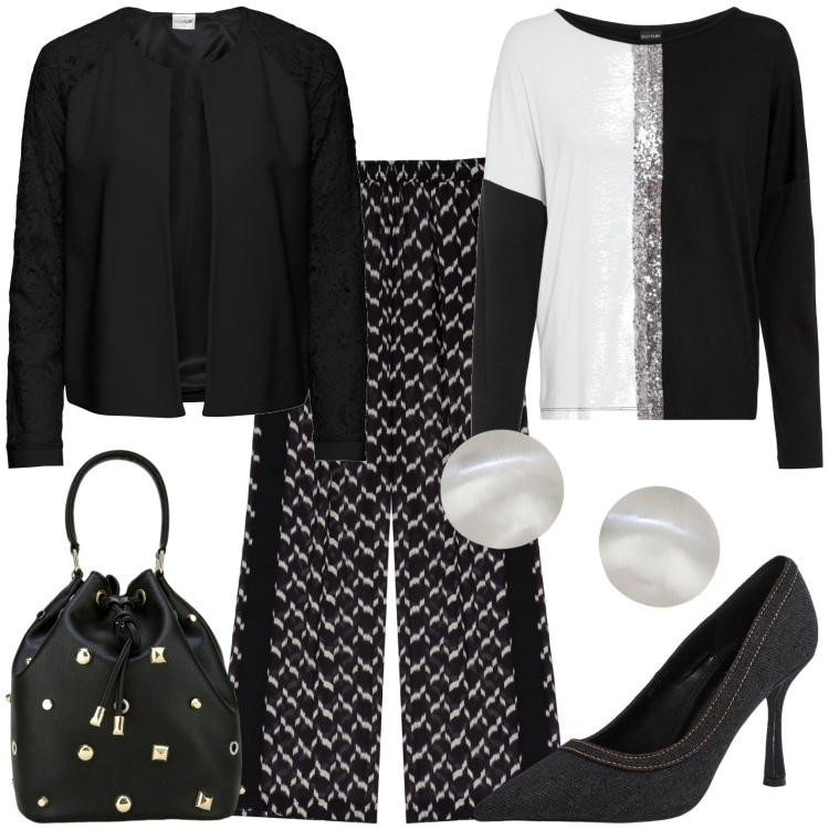 Outfit donna - Sera a cena. Stile Casual chic per Serata fuori. Abbinamento con blazer, maglieria, décolleté, pantaloni a palazzo, borse a secchiello, orecchini.