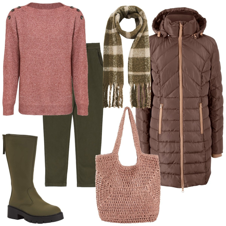 Outfit donna - Country city. Stile Casual per Tutti i giorni. Abbinamento con blazer, maglieria, shopping bag, stivaletti, sciarpe, pantaloni.