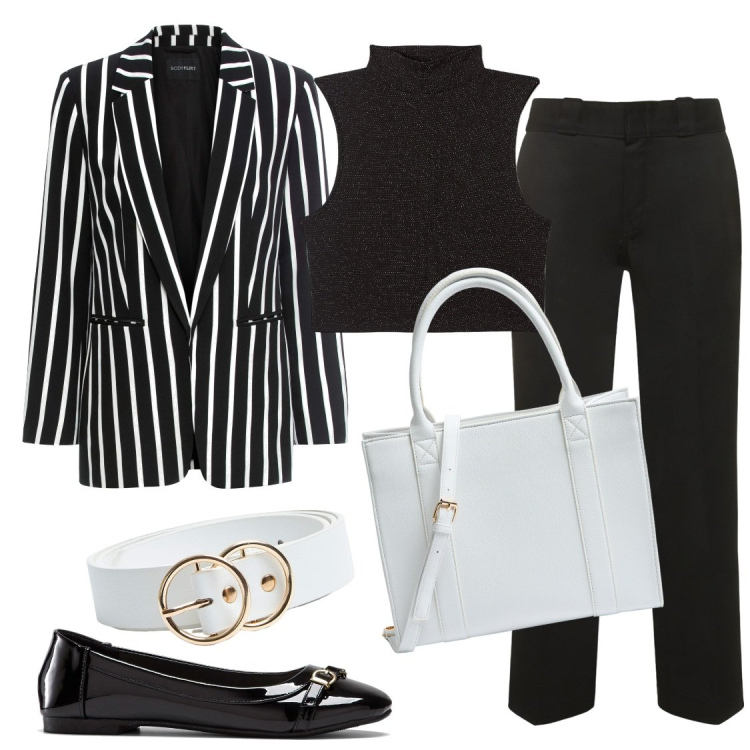 Outfit donna - Il blazer a righe bianche e nere. Stile Bon Ton per Tutti i giorni. Abbinamento con blazer, ballerine, top, shopping bag, cinture, pantaloni.