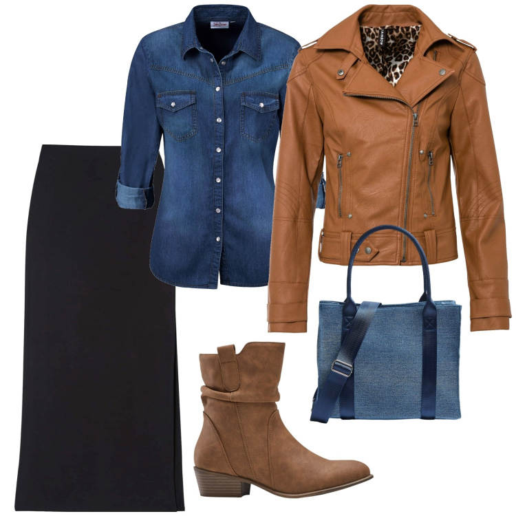 Outfit donna - Total look #1802256. Stile Casual per Tutti i giorni. Abbinamento con camicie, stivaletti texani, cappotti, gonne lunghe, shopping bag.