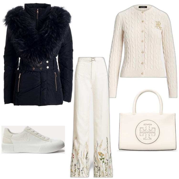 Outfit donna - Bon ton. Stile Trendy per Tutti i giorni. Abbinamento con piumini, cardigans, pantaloni, sneakers, borse a mano.