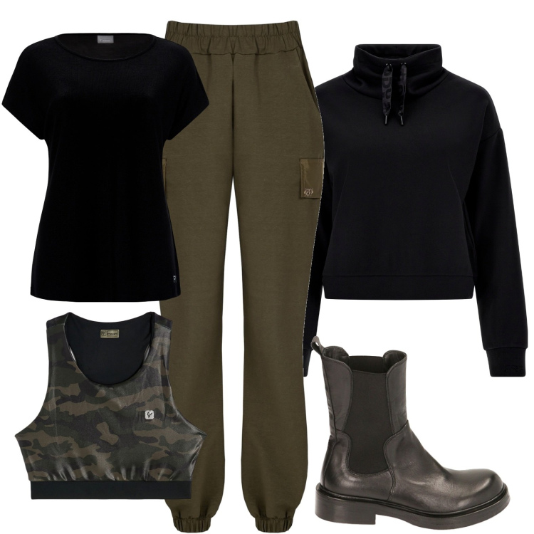 Outfit donna - Passeggio nei boschi. Stile Military per Tutti i giorni. Abbinamento con pantaloni cargo, reggiseni, t-shirt, maglieria, stivaletti chelsea.
