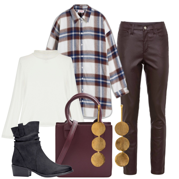 Outfit donna - Inverno. Stile Casual per Tutti i giorni. Abbinamento con camicie, stivaletti texani, pantaloni skinny, shopping bag, maglieria, orecchini.