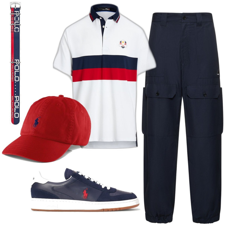 Outfit uomo - Al circolo del tennis. Stile Casual per Sport. Abbinamento con cappelli, scarpe sportive, orologi, polo, pantaloni cargo.