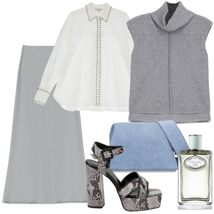 Outfit donna - Grigio polvere. Stile Chic per Ufficio. Abbinamento con profumi, gonne lunghe, maglieria, camicie, décolleté, borse a spalla.