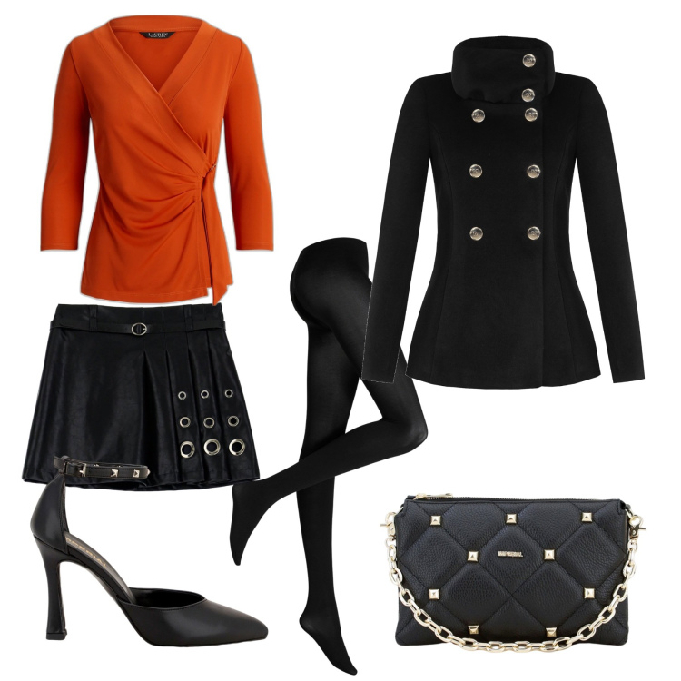 Outfit donna - A tutta borchia. Stile Chic per Serata fuori. Abbinamento con collant, cappotti, pochette, décolleté, minigonne, maglieria.