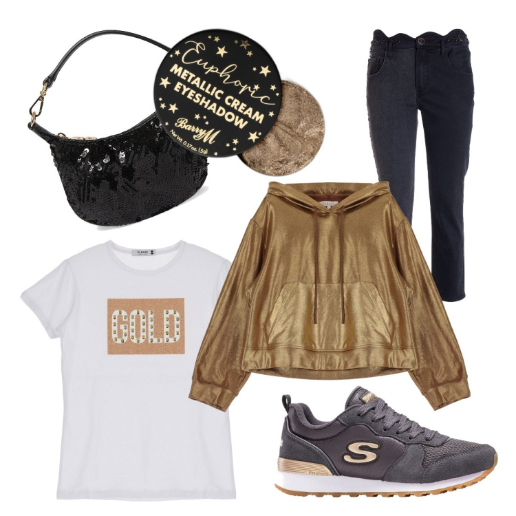 Outfit donna - Diva in sneakers. Stile Trendy per Serata fuori. Abbinamento con sneakers, ombretti, jeans, felpe con cappuccio, t-shirt, pochette.