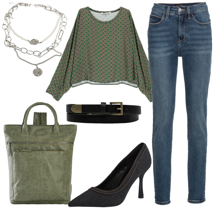 Outfit donna - Stagione primaverile. Stile Casual chic per Tutti i giorni. Abbinamento con jeans skinny, zaini, décolleté, felpe, ciondoli, cinture.