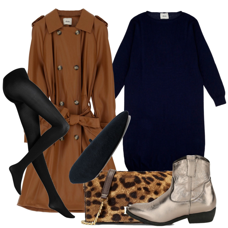 Outfit donna - Inverno. Stile Chic per Tutti i giorni. Abbinamento con collant, vestiti corti, stivaletti texani, trench, borse a tracolla, berretti.