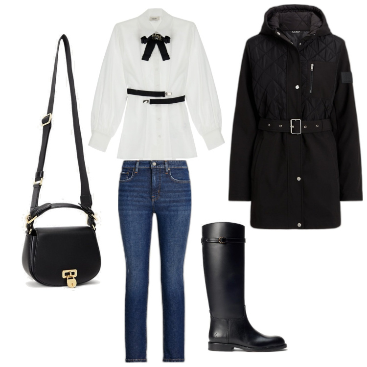 Outfit donna - Total look #1802393. Stile Casual chic per Tutti i giorni. Abbinamento con camicie, borse a tracolla, stivali, cappotti, jeans dritti.