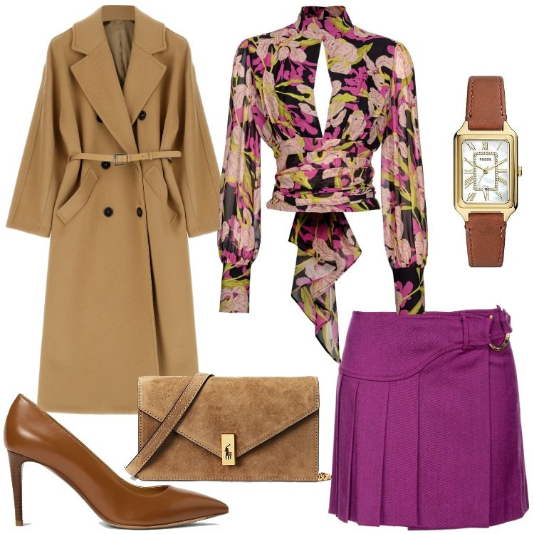 Outfit donna - Chic per la cena fuori. Stile Chic per Serata fuori. Abbinamento con bluse, minigonne, cappotti, décolleté, clutch, orologi.