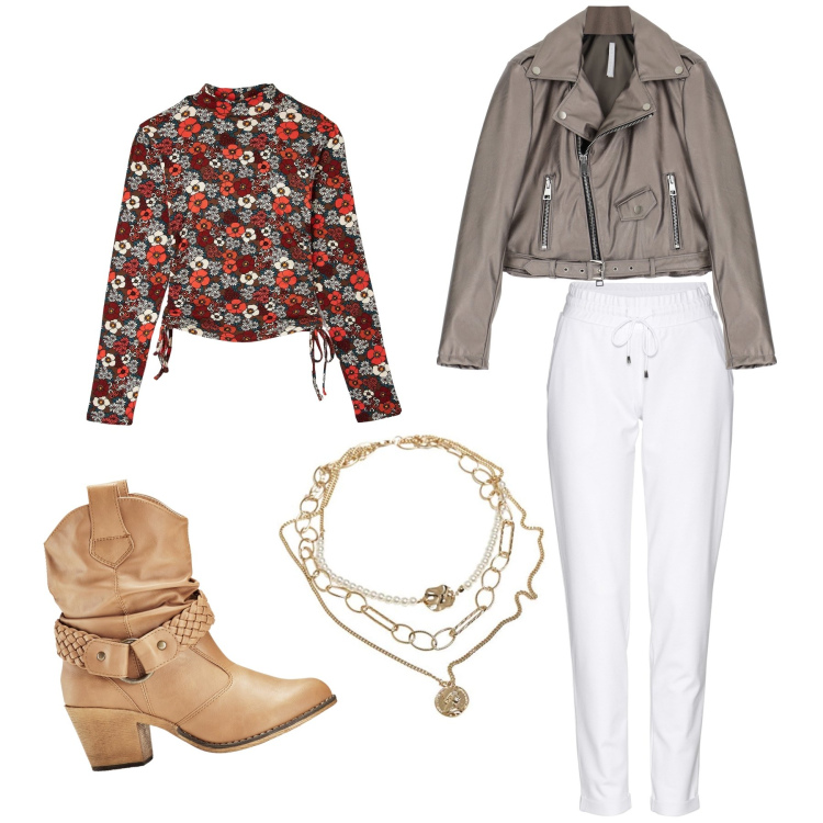 Outfit donna - Stile libero. Stile Etnico per Ufficio. Abbinamento con pantaloni, stivaletti texani, t-shirt, cappotti, ciondoli.