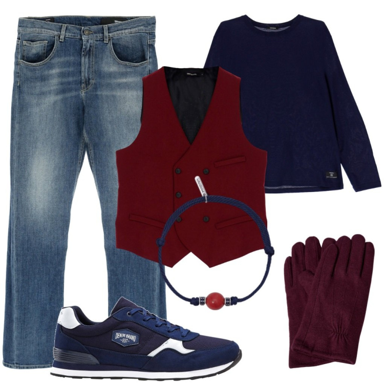 Outfit uomo - Un gilet doppiopetto. Stile Trendy per Tutti i giorni. Abbinamento con sneakers, braccialetti, gilet, jeans dritti, t-shirt, guanti.