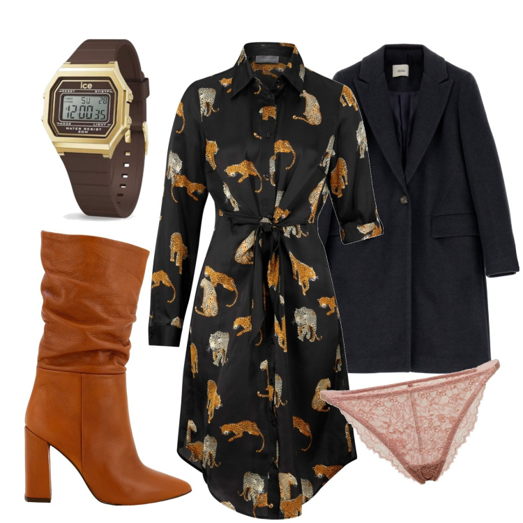 Outfit donna - Di classe. Stile Chic per Tutti i giorni. Abbinamento con vestiti chemisier, stivali, cappotti, slip, orologi digitali.