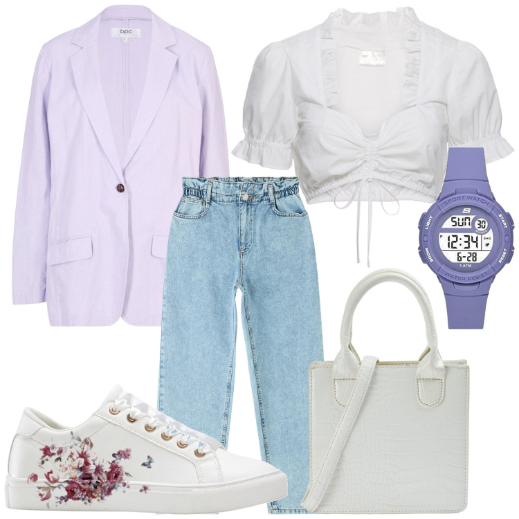 Outfit donna - Passeggiata con amici. Stile Casual chic per Serata fuori. Abbinamento con sneakers, camicie, blazer, shopping bag, jeans, orologi digitali.
