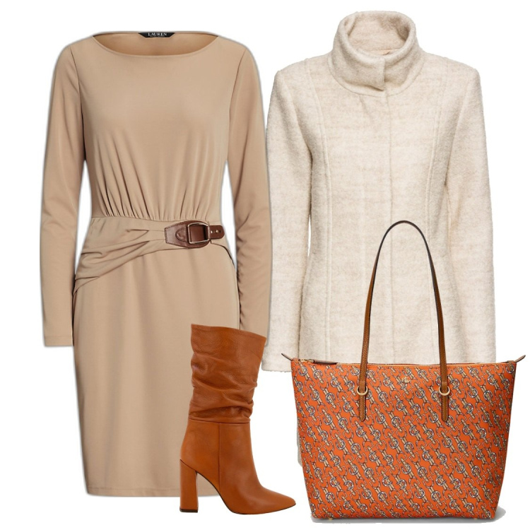 Outfit donna - Chic in riunione. Stile Bon Ton per Ufficio. Abbinamento con cappotti, stivali, vestiti, borse tote.