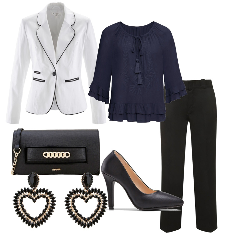 Outfit donna - Cena fuori... Stile Bon Ton per Serata fuori. Abbinamento con tuniche, blazer, décolleté, pochette, orecchini, pantaloni.