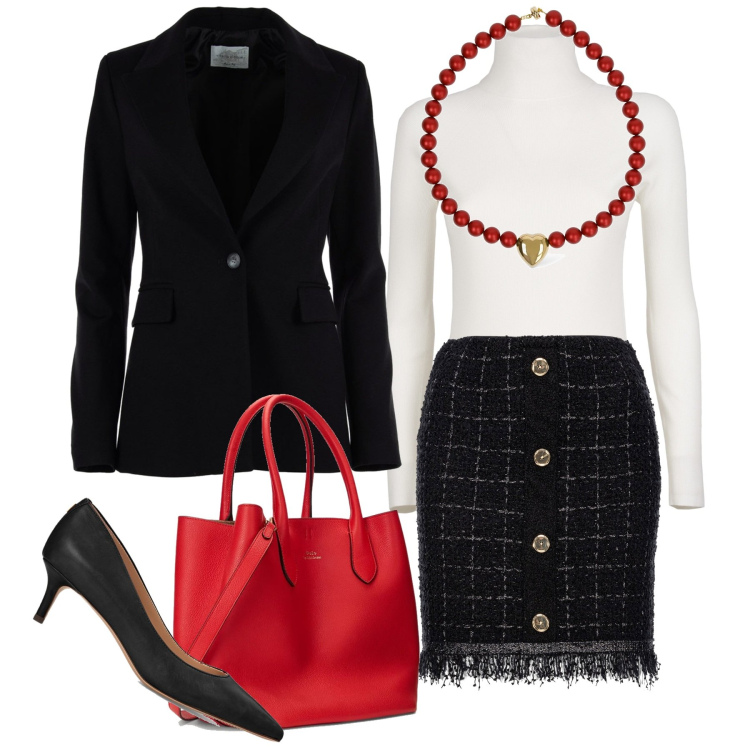 Outfit donna - Inverno bon ton. Stile Bon Ton per Ufficio. Abbinamento con minigonne, décolleté, borse tote, blazer, maglieria, collane.