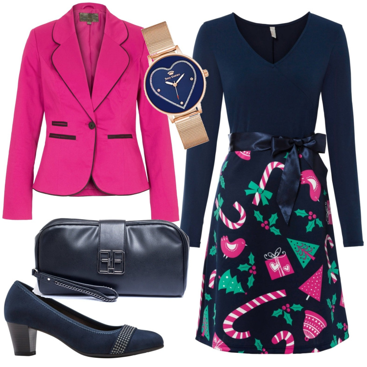 Outfit donna - Fantasia colorata. Stile Casual per Tutti i giorni. Abbinamento con décolleté, vestiti corti, blazer, pochette, orologi.