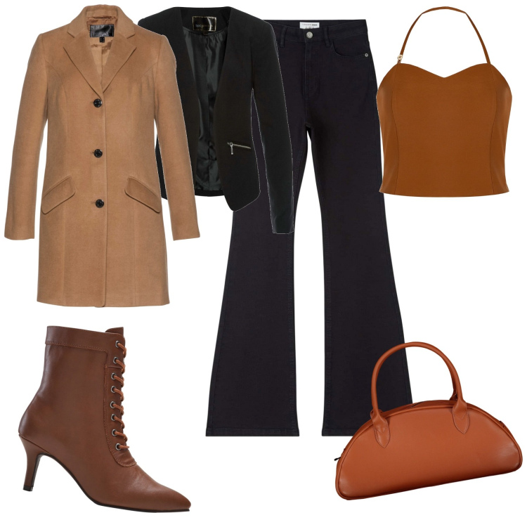 Outfit donna - Serata fuori. Stile Casual chic per Serata fuori. Abbinamento con blazer, cappotti, stivaletti, jeans a zampa, top, borse a spalla.