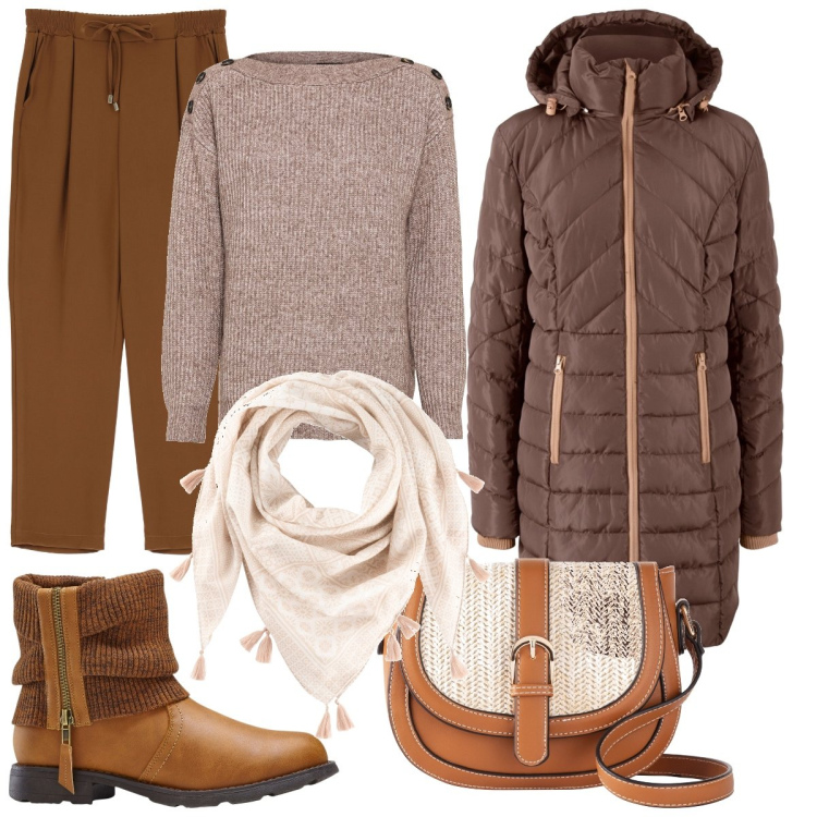 Outfit donna - Natural brown. Stile Casual chic per Tutti i giorni. Abbinamento con maglieria, blazer, stivaletti, borse a tracolla, foulard, pantaloni.