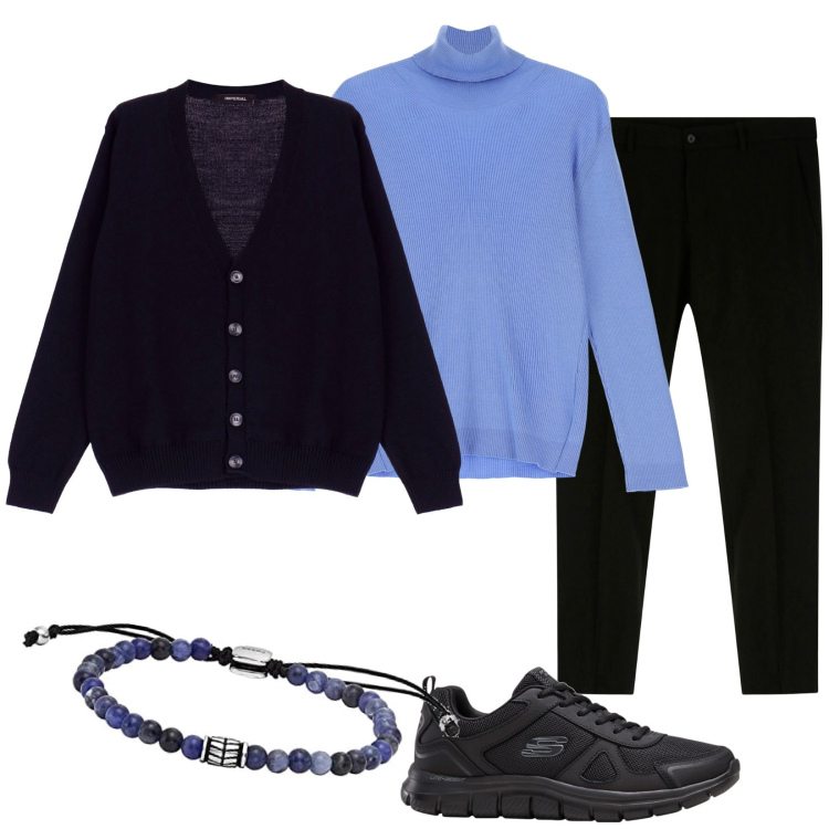Outfit uomo - Cardigan e dolcevita. Stile Trendy per Tutti i giorni. Abbinamento con sneakers, pantaloni, maglieria, cardigans, braccialetti.