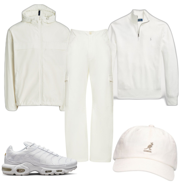 Outfit uomo - In love with White. Stile Trendy per Tutti i giorni. Abbinamento con maglieria, cappotti, cappelli, sneakers, pantaloni cargo.
