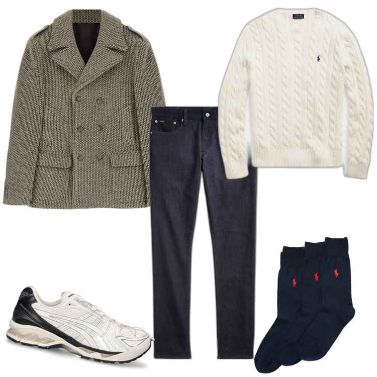 Outfit uomo - Total look #1802605. Stile Trendy per Tutti i giorni. Abbinamento con cappotti, jeans, calzini, maglieria, sneakers.
