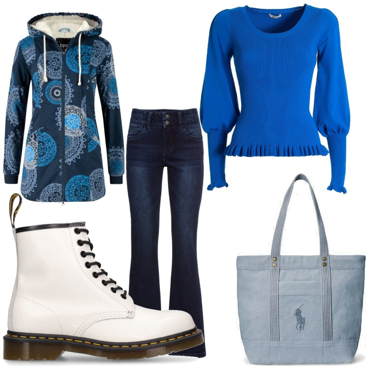 Outfit donna - Total look #1802614. Stile Casual per Tutti i giorni. Abbinamento con jeans bootcut, parka, maglieria, borse tote, stivali.