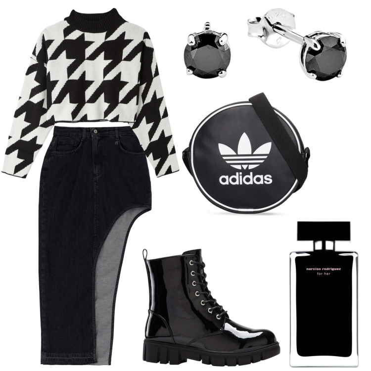 Outfit donna - Black and white style. Stile Casual chic per Tutti i giorni. Abbinamento con stivaletti, profumi, maglieria, gonne lunghe, orecchini, borse a spalla.