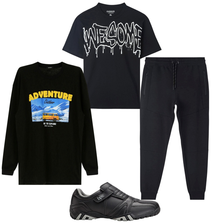 Outfit uomo - Total look #1802623. Stile Casual per Tutti i giorni. Abbinamento con scarpe stringate, t-shirt, pantaloni, felpe.