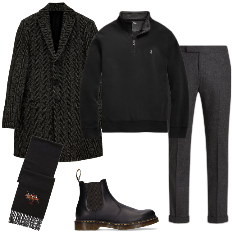 Outfit uomo - Colori scuri. Stile Business/Elegante per Serata speciale. Abbinamento con cappotti, pullovers, pantaloni, sciarpe, stivali e stivaletti.