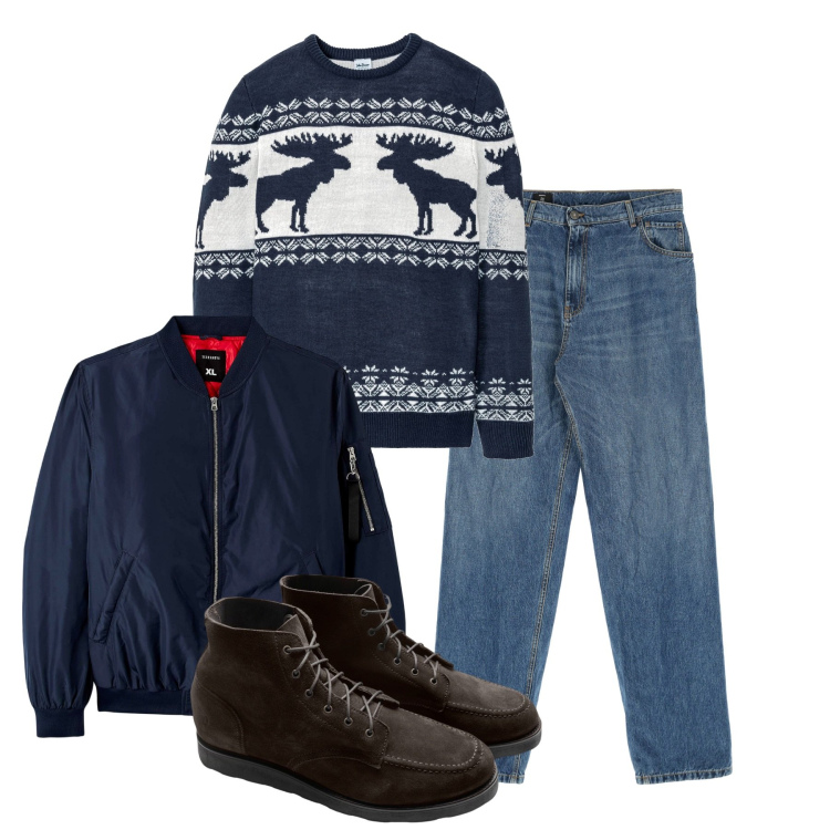 Outfit uomo - Inverno. Stile Casual per Tutti i giorni. Abbinamento con maglieria, bomber, jeans dritti, stivali e stivaletti.