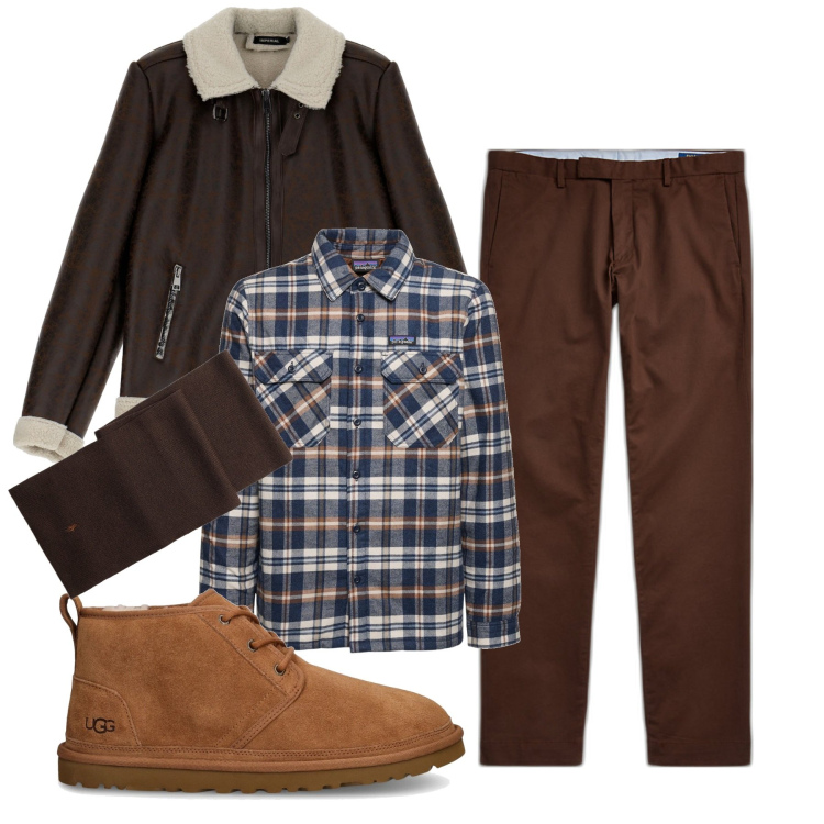 Outfit uomo - Inverno. Stile Casual per Tutti i giorni. Abbinamento con cappotti, pantaloni chino, sciarpe, scarpe stringate, camicie.