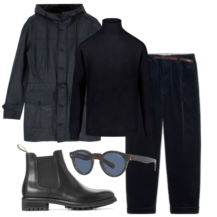 Outfit uomo - Inverno rainy day. Stile Urban per Tutti i giorni. Abbinamento con cappotti, occhiali da sole, stivali e stivaletti, pantaloni, maglieria.