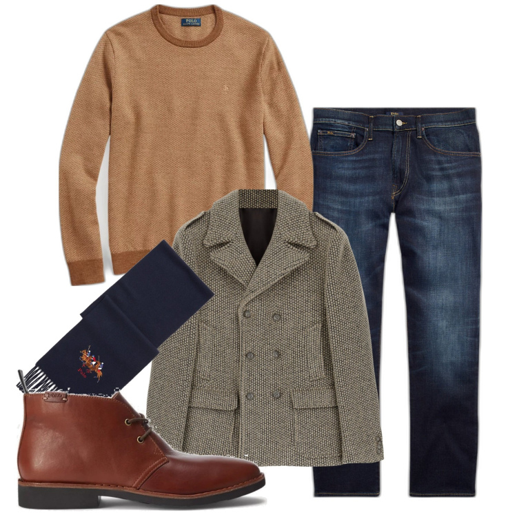 Outfit uomo - Inverno doppiopetto. Stile Trendy per Tutti i giorni. Abbinamento con cappotti, jeans dritti, stivali e stivaletti, sciarpe, maglieria.