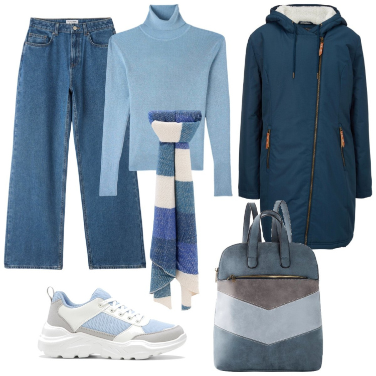 Outfit donna - Ma il cielo è sempre più blu. Stile Basic per Tutti i giorni. Abbinamento con cappotti, sneakers, zaini, maglieria, jeans, sciarpe.