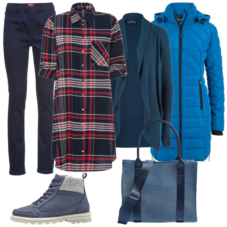 Outfit donna - La maxi camicia scozzese. Stile Casual per Tutti i giorni. Abbinamento con cardigans, stivaletti, vestiti chemisier, blazer, jeggings, shopping bag.