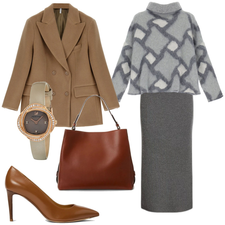 Outfit donna - Bon ton. Stile Bon Ton per Ufficio. Abbinamento con cappotti, maglieria, décolleté, borse a mano, gonne, orologi.